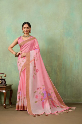 RekhaManiyar Printed Saree with Attached Blouse Cotton Blend Saree(Pink)