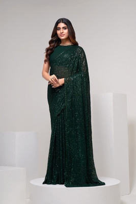 DIVINE INTERNATIONAL TRADING CO Embroidered Bollywood Georgette Saree(Dark Green)