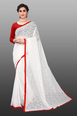 LOROFY Self Design Bollywood Net Saree(White)