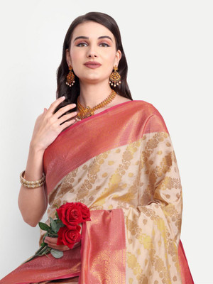 jayant creation Self Design, Woven Banarasi Silk Blend, Jacquard Saree(Beige)