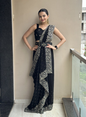 Leelavati Embroidered, Embellished Bollywood Georgette Saree(Black)
