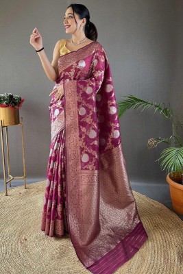 MISHIKAHD Self Design Banarasi Cotton Linen Saree(Purple)