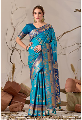 Kathavastra Animal Print, Floral Print, Woven Leheria Silk Blend Saree(Light Blue)