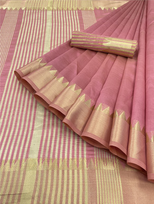 PRIYESHA TEXTILES Self Design, Temple Border, Woven Assam Silk Silk Blend, Cotton Linen Saree(Pink)
