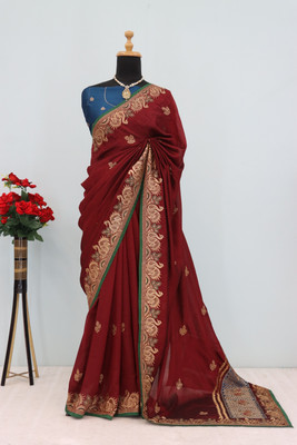 MIYANIFAB Embroidered Bollywood Pure Silk Saree(Maroon)