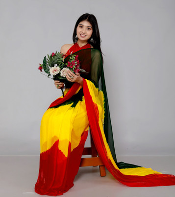 DJ Creations Printed, Self Design, Temple Border, Solid/Plain, Woven Bandhani Chiffon Saree(Yellow)