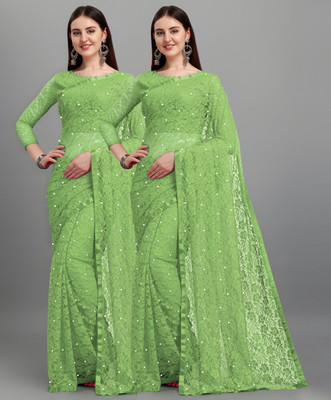 LOROFY Self Design Bollywood Net Saree(Pack of 2, Green)