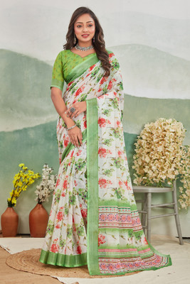 jeravi Digital Print Mysore Cotton Linen Saree(Light Green)