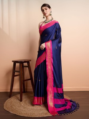 STARWOMEN Woven Kanjivaram Pure Silk Saree(Dark Blue, Pink, Gold)