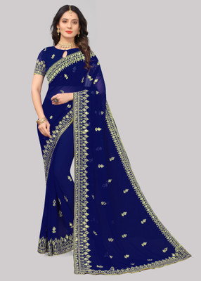 Disha Fashion Embroidered Banarasi Georgette Saree(Dark Blue)