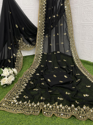 Disha Fashion Embroidered Banarasi Georgette Saree(Black)