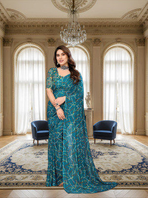SmittenSmit Printed Bollywood Georgette Saree(Green)