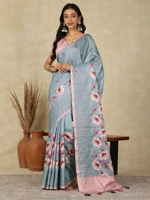Sareemall Printed Banarasi Silk Blend Saree(Grey)