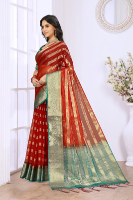 Aarunika IC Striped Bollywood Organza Saree(Red)