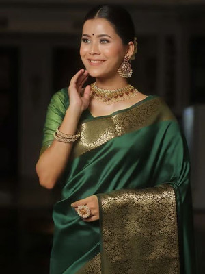CKDESIGNER Woven Banarasi Jacquard Saree(Dark Green)
