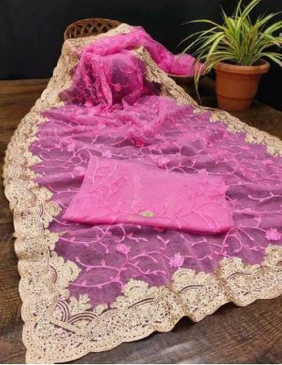 ZIVANTIX Embroidered Bollywood Net Saree(Pink)
