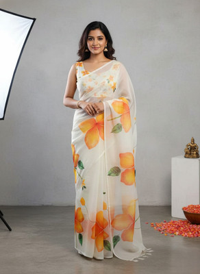 NIRALISAREE Digital Print, Floral Print Bollywood Georgette Saree(White)