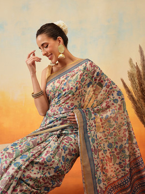 SILK ZONE Digital Print Chanderi Cotton Blend Saree(White)