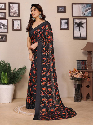 RAJESHWAR FASHION Floral Print Daily Wear Silk Blend Saree(Black, Multicolor)
