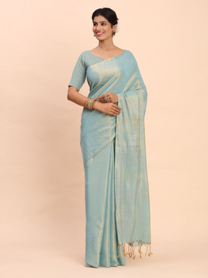 FemFashion Solid/Plain Handloom Tissue Saree(Light Blue)