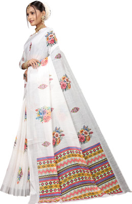 Gajal Printed Kanjivaram Pure Cotton, Cotton Linen Saree(White)