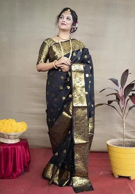 SHRIMAY Woven Kanjivaram Silk Blend Saree(Black)
