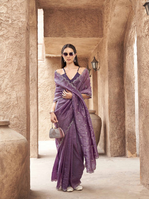Tikhi Imli Solid/Plain Saree with Attached Blouse Polyester Saree(Purple)