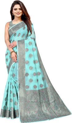 NIYAMI Printed, Self Design, Temple Border, Woven, Floral Print, Solid/Plain Banarasi Jacquard, Cotton Silk Saree(Light Green)