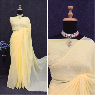 ZENFAB THREADS Self Design Bollywood Georgette Saree(Yellow)