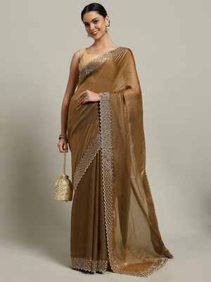 Meena Bazaar Embroidered Bollywood Tissue Saree(Brown)