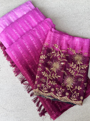 CHIVYA CREATION Embroidered, Embellished, Striped, Printed, Floral Print Daily Wear Chiffon Saree(Pink)
