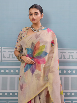 SOHINI NX Printed, Woven Bollywood Cotton Blend Saree(Beige)