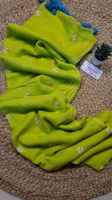 WeaveAura Solid/Plain Handloom Cotton Blend Saree(Green)