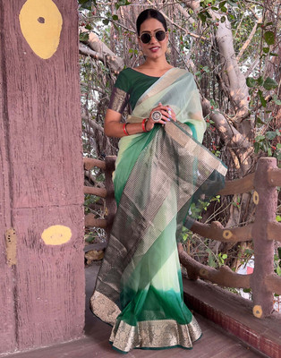 KOTHARI SBT Solid/Plain Bandhani Organza Saree(Light Green)