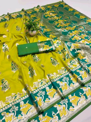 KanjiQueen Embellished Baluchari Silk Blend, Pure Silk Saree(Light Green, Green)