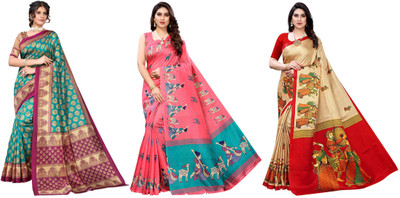 Nirvaan Printed Bhagalpuri Art Silk Saree(Pack of 3, Blue, Pink, Beige)
