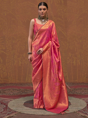 Sareemall Woven Kanjivaram Silk Blend Saree(Orange)