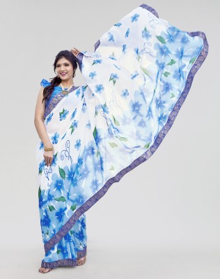 Nirvaan Printed Daily Wear Georgette, Lace Saree(Blue, White)