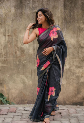 SDGRATITUDE Printed Daily Wear Linen Saree(Black)