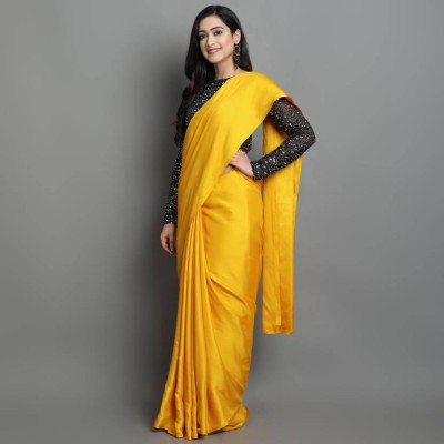 VANRAJ CREATION Solid/Plain Bollywood Silk Blend, Satin Saree(Yellow)