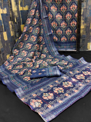 ASHTA Floral Print Kanjivaram Linen Saree(Dark Blue)