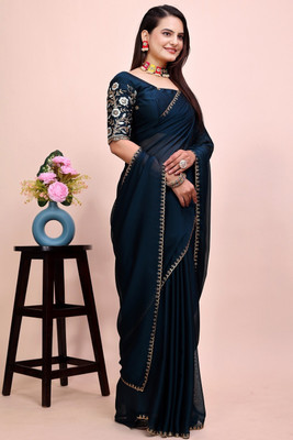 SHIV FASHION Embroidered, Solid/Plain Bollywood Chiffon Saree(Dark Blue)