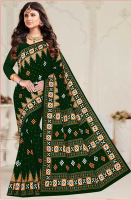 Odissi Fashion Printed Sambalpuri Pure Cotton Saree(Green)