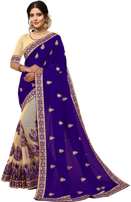 b bella creation Embroidered, Embellished Bollywood Net Saree(Blue, Cream)