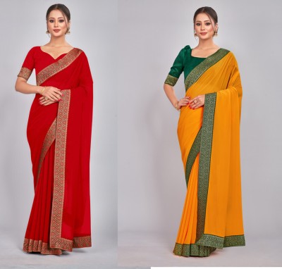 CastilloFab Woven Daily Wear Georgette Saree(Pack of 2, Red, Yellow)