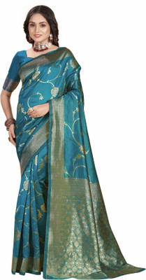 DHAYNAAND REEWA FASHION Floral Print, Woven Kanjivaram Jacquard, Tussar Silk Saree(Light Green)