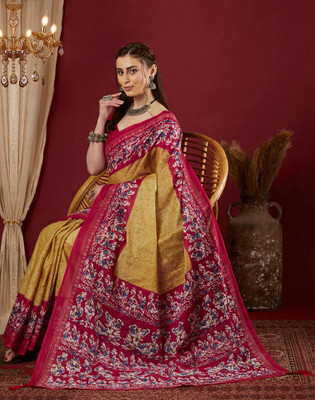 Divastri Floral Print, Printed, Embellished Daily Wear Cotton Blend Saree(Red, Yellow, Mustard)