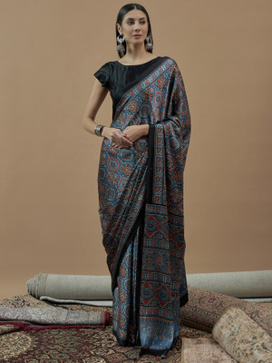Sareemall Printed Hand Batik Crepe Saree(Blue)