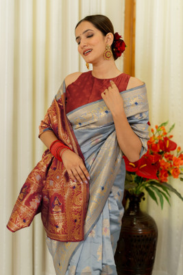 SUBHAM Woven, Embellished Banarasi Silk Blend Saree(Grey, Orange)