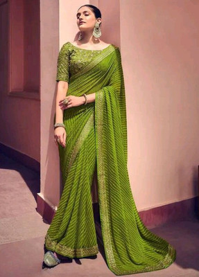 SAREETO Striped Leheria Georgette Saree(Green)